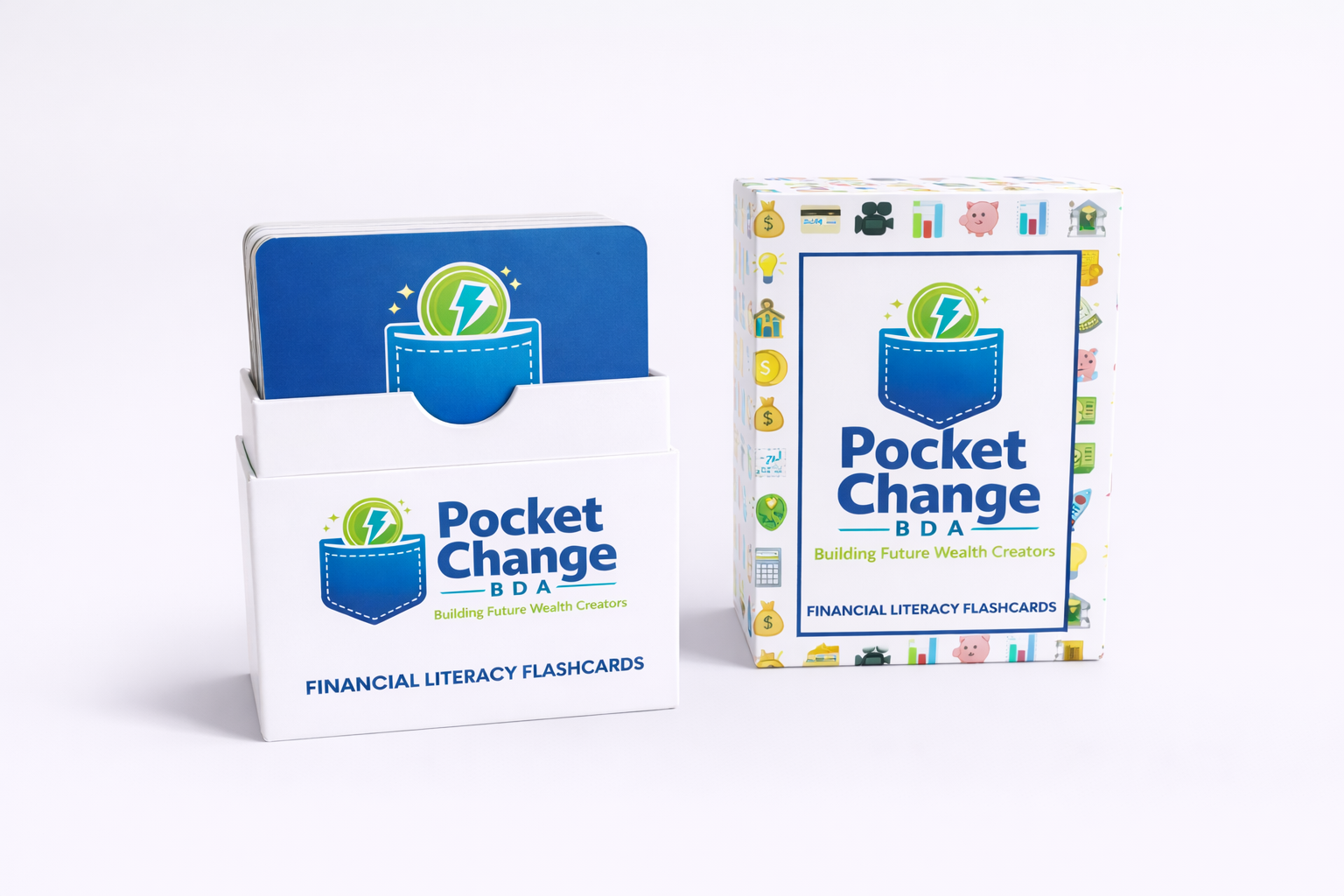 Pocket Change BDA financial literacy flashcards box and deck