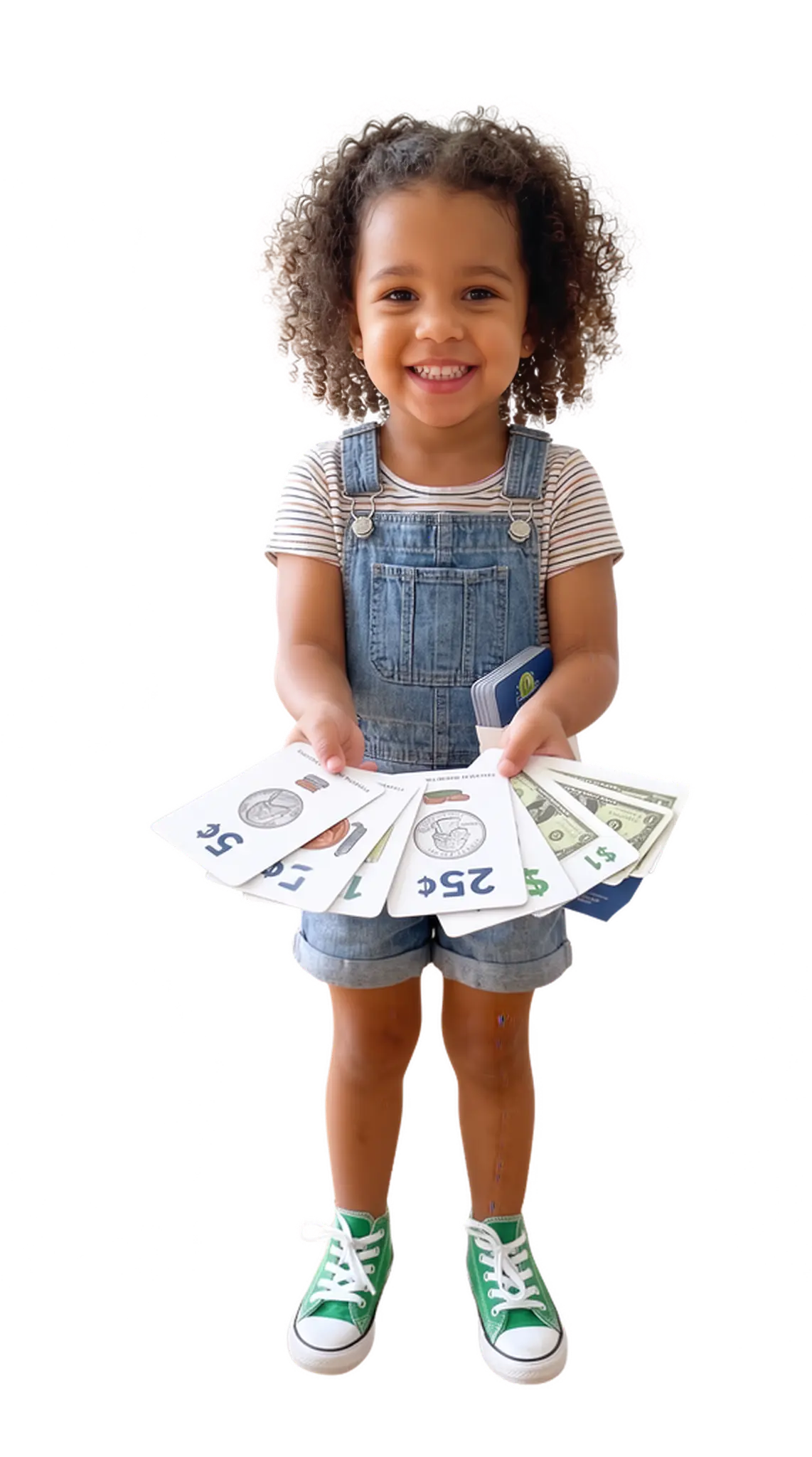 Young learner holding a fan of Pocket Change BDA financial-literacy flashcards